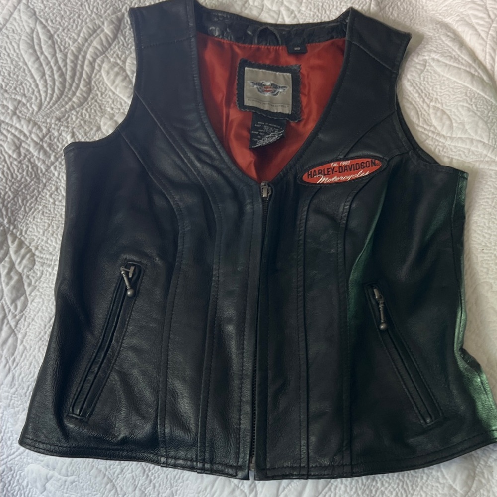 Harley-Davidson Black pigskin Leather Vest with Orange Lining
